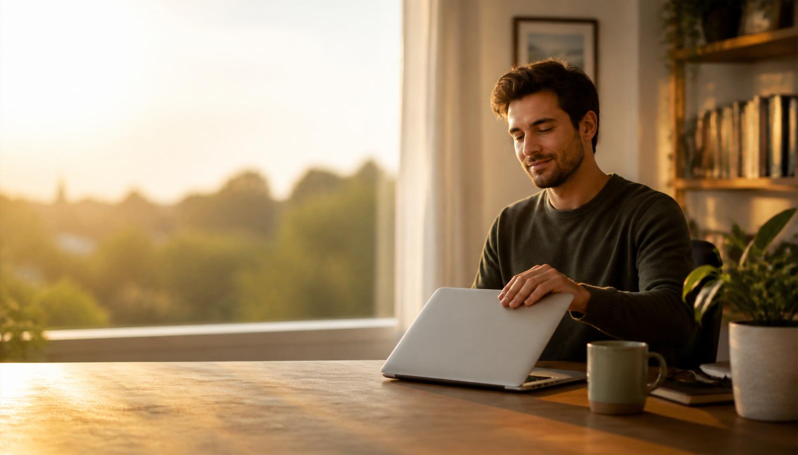 Product demo preview — remote worker closing their laptop at sunset